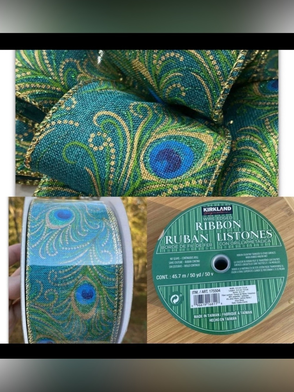 Kirkland 2.5” Wide Peacock Feathers Blue Green Ribbon wired, 50 yard roll NWT